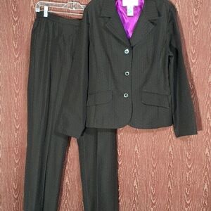 SAG HARBOR DRESS 2 Piece Brown Long Sleeve Pant Suit Pin Strips/Dots Women Sz 12